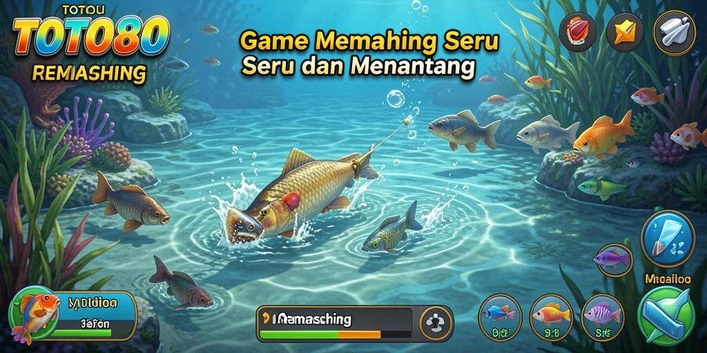 Tampilan antarmuka TOTO80 saat bermain memancing dengan berbagai alat pancing.